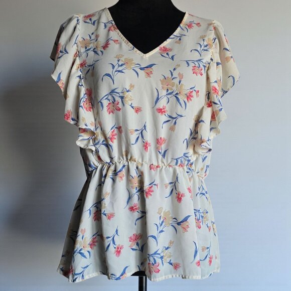 PLEIONE (MED) Peplum Ivory Floral V Neck Ruffle Sleeve Blouse - Picture 1 of 6